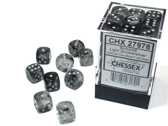Chessex 12mm Borealis Luminary Light Smoke/Silver 36 D6 set (27978) Dice Chessex   