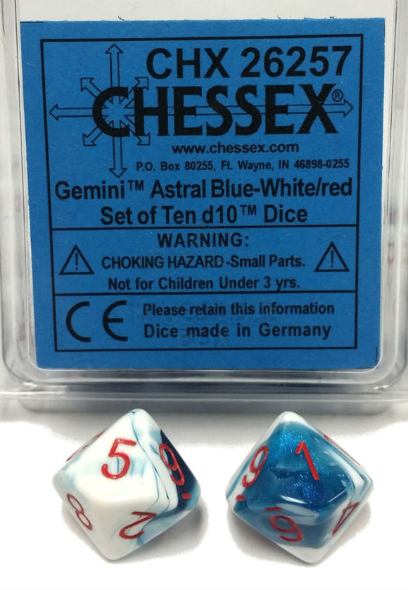Chessex Gemini Astral Blue-White/Red 10ct D10 Set (26257) Dice Chessex   