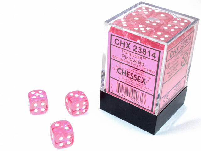 23814 12mm Translucent d6 Pink/White Dice Chessex 12mm TR Pink/White