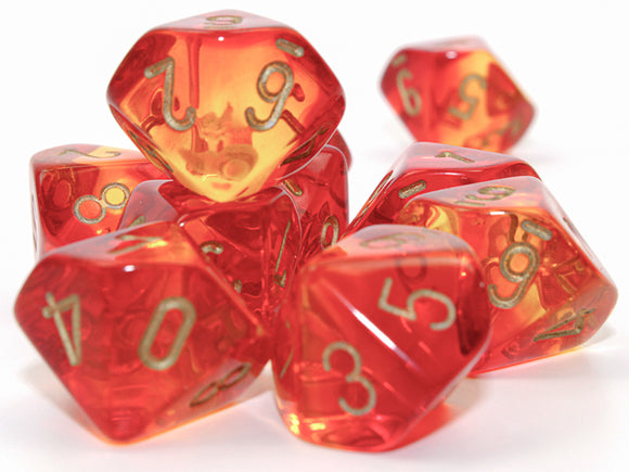 26268 D10 Gemini Translucent Red-Yellow/Gold Dice Chessex   