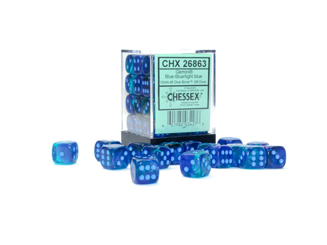 Gemini Blue-Blue/light blue Luminary 12mm d6 Dice Block (36 dice) Dice Chessex   