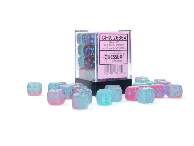 Gemini Gel Green-Pink/blue Luminary 12mm d6 Dice Block Dice Chessex   