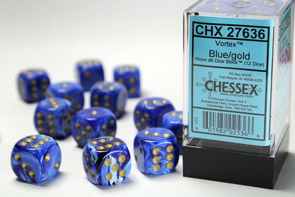 Chessex 16mm Vortex Blue/Gold 12ct D6 Set (27636) Dice Chessex   