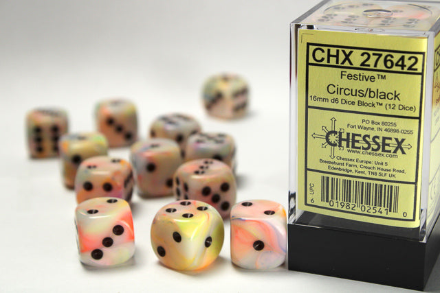 Chessex 16mm Festive Circus/Black 12ct D6 Set (27642) Dice Chessex   