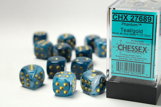 Chessex 16mm Phantom Teal/Gold 36ct D6 Set (27689) Dice Chessex