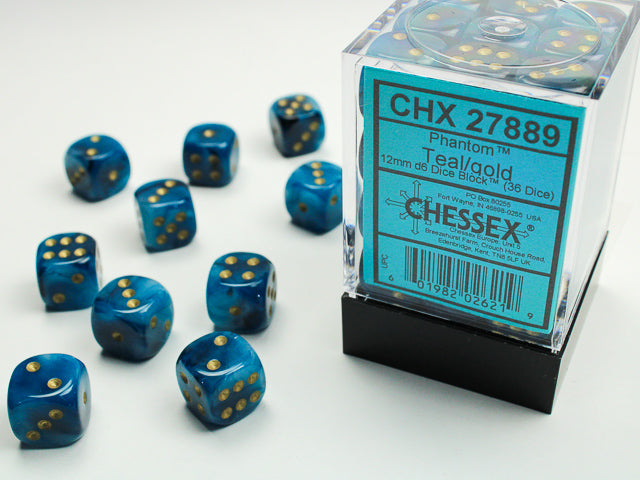 Chessex 12mm Phantom Teal/Gold 36ct D6 Set (27889) Dice Chessex