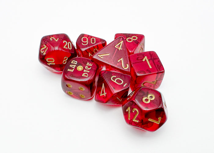 30058 CHX Lab Dice Poly Translucent Crimson/Gold 7ct Dice Chessex   