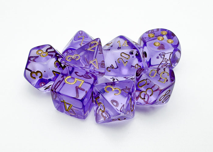 30059 CHX Lab Dice Poly Translucent Lavender/Gold 7ct Dice Chessex   