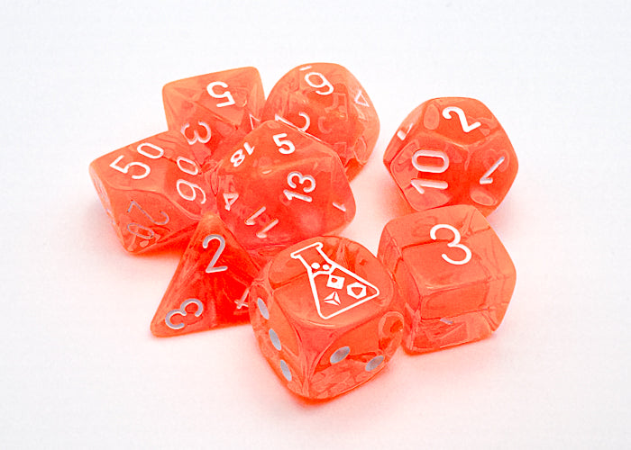30060 CHX Lab Dice Poly Translucent Neon Orange/White 7ct Dice Chessex   