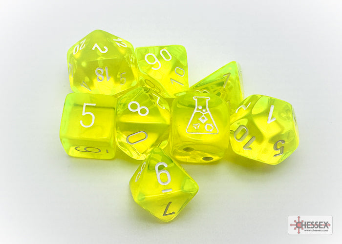 30061 CHX Lab Dice Poly Translucent Neon Yellow/White 7ct Dice Chessex   
