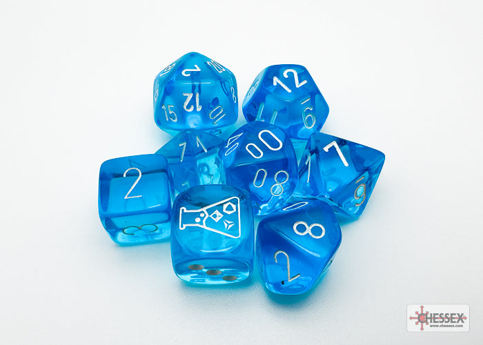 30063 CHX Lab Dice Poly Translucent Tropical Blue/White 7ct Dice Chessex   