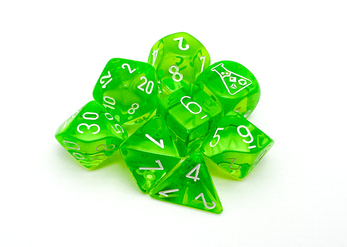 30062 CHX Lab Dice Poly Translucent Rad Green/White 7ct Dice Chessex   