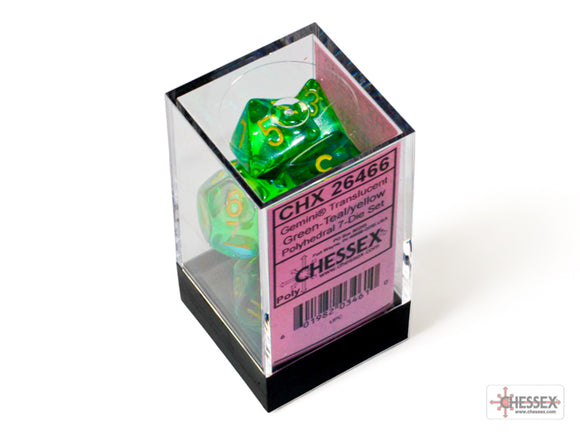 Chessex 7ct Polyhedral Dice Set Gemini Translucent Green-Teal/Yellow (26466) Dice Chessex   
