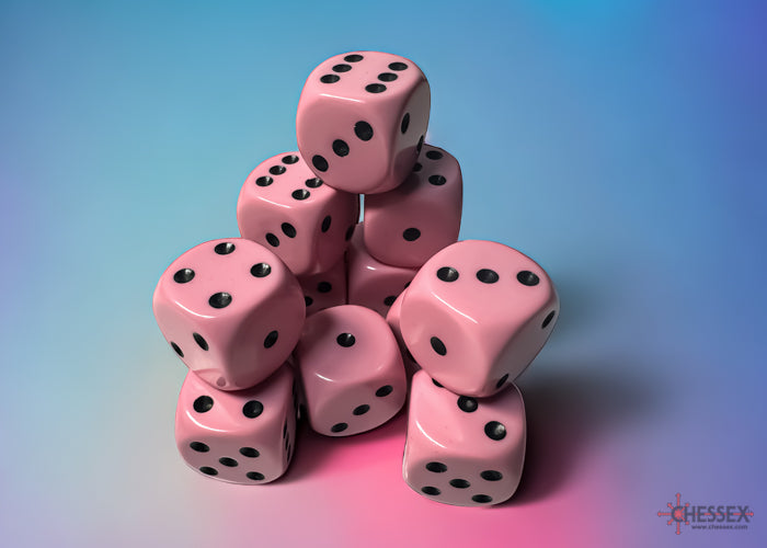 Chessex Opaque Pastel Pink/Black 16mm 12d6 Dice Block (25664) Dice Chessex   