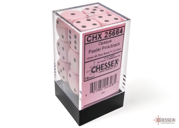 Chessex Opaque Pastel Pink/Black 16mm 12d6 Dice Block (25664) Dice Chessex   