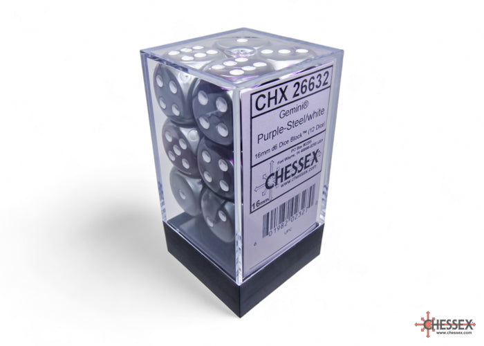Chessex 16mm Gemini Purple Steel/White 12ct D6 Set (26632