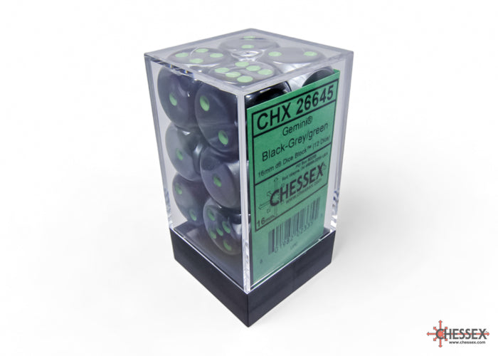 Chessex 16mm Gemini Black-Grey/Green 12ct D6 Set (26645) Dice Chessex