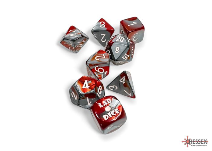 Chessex Lab Dice Gemini Red-Steel/White Polyhedral 7-Dice Set (with bonus die) Dice Chessex   