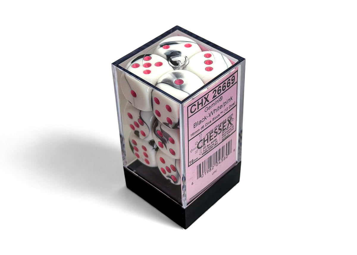 Chessex Gemini Black-White/Pink 16mm 12d6 Dice Block Dice Chessex