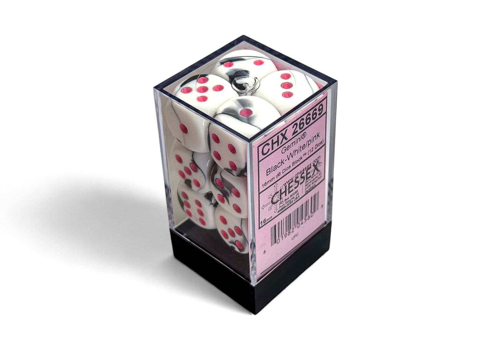 Chessex Gemini Black-White/Pink 16mm 12d6 Dice Block Dice Chessex