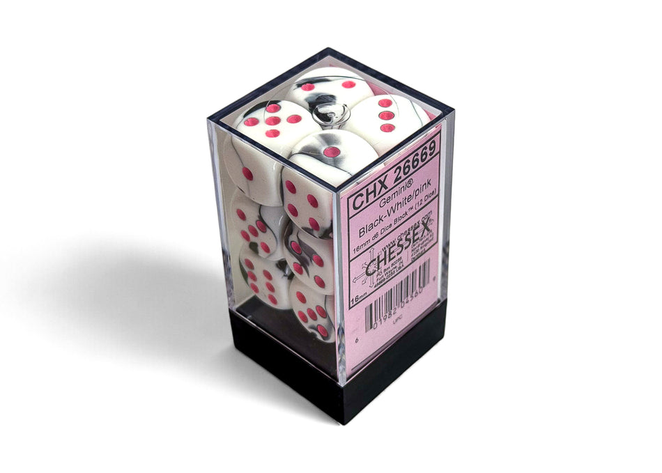 Chessex Gemini Black-White/Pink 16mm 12d6 Dice Block Dice Chessex