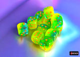 Chessex Gemini Plasma Green-Teal/orange Luminary 16mm 12d6 Dice Block Dice Chessex