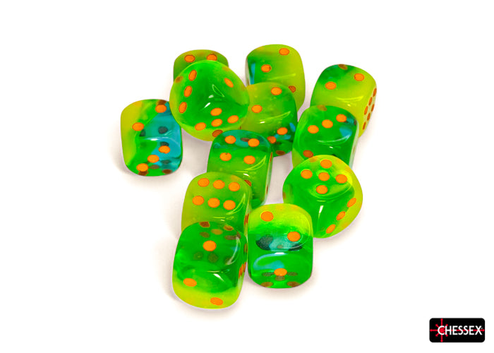 Chessex Gemini Plasma Green-Teal/orange Luminary 16mm 12d6 Dice Block Dice Chessex