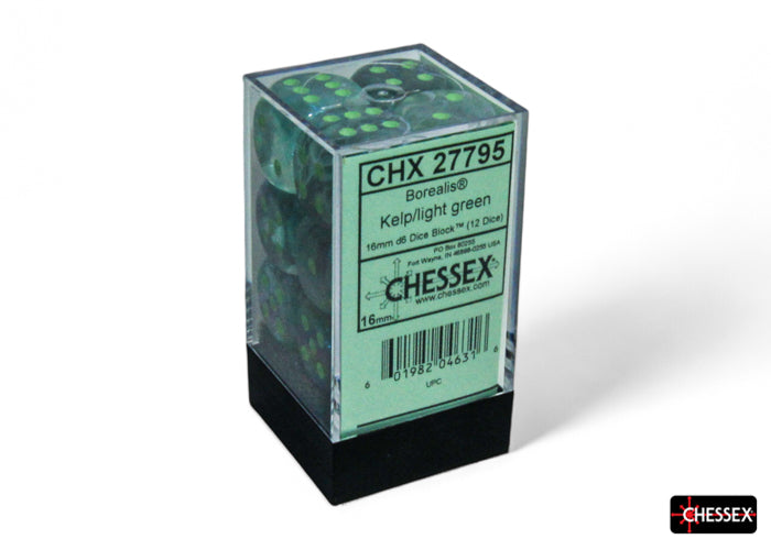 Chessex Borealis Kelp/Light Green Luminary 16mm 12d6 Dice Block Dice Chessex