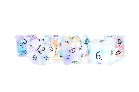 PREMIUM Engraved Gemstone Dice Frosted Rainbow Glass Dice FanRoll by Metallic Dice Games