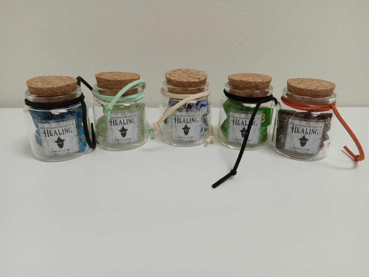 Grimbeard's Potion of Healing - 7ct Polyhedral Dice Set in Glass Vial Dice Grimbeard Leather   