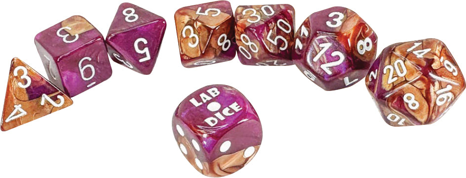 Chessex Lab Dice 9: Gemini Copper-Purple/white Polyhedral 7-Die Set (with bonus die) Dice Chessex Lab Gem Cop/Purp