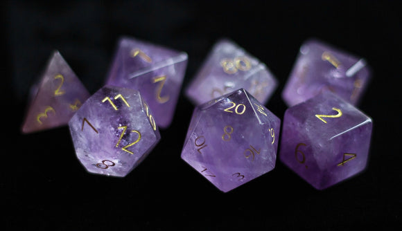 PREMIUM Engraved Gemstone Dice Amethyst Dice FanRoll by Metallic Dice Games