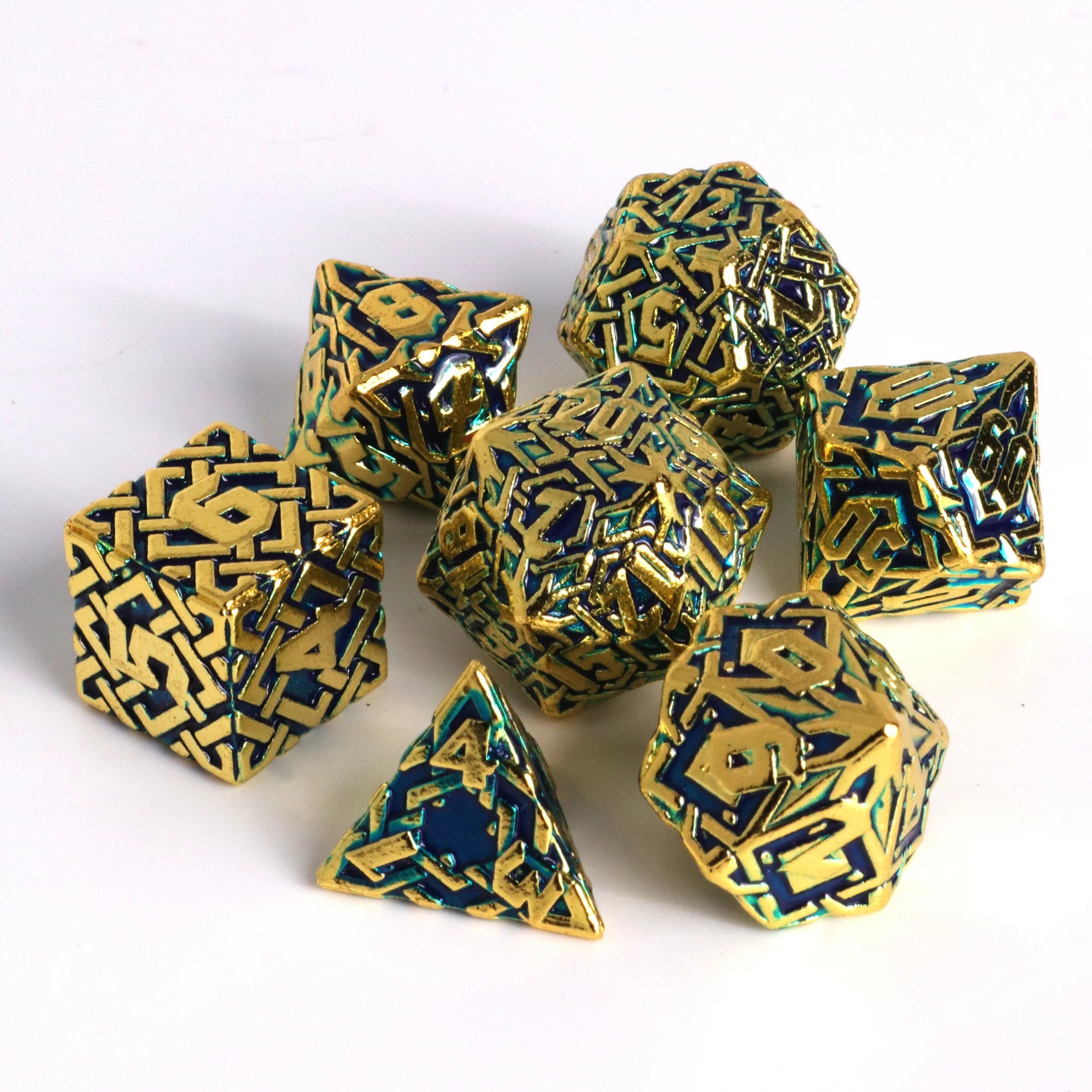 Die Hard Dice 7pc RPG Set - Runeweaver Shiny (2 Options) Dice Die Hard Dice Rune Shiny Gold w/Aqua