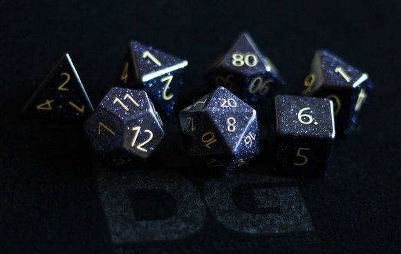 PREMIUM Engraved Gemstone Dice Blue Sandstone Dice FanRoll by Metallic Dice Games