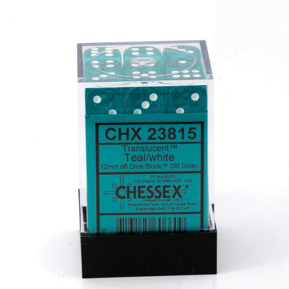 Chessex 12mm Translucent Teal/White 36ct D6 Set (23815) Dice Chessex   