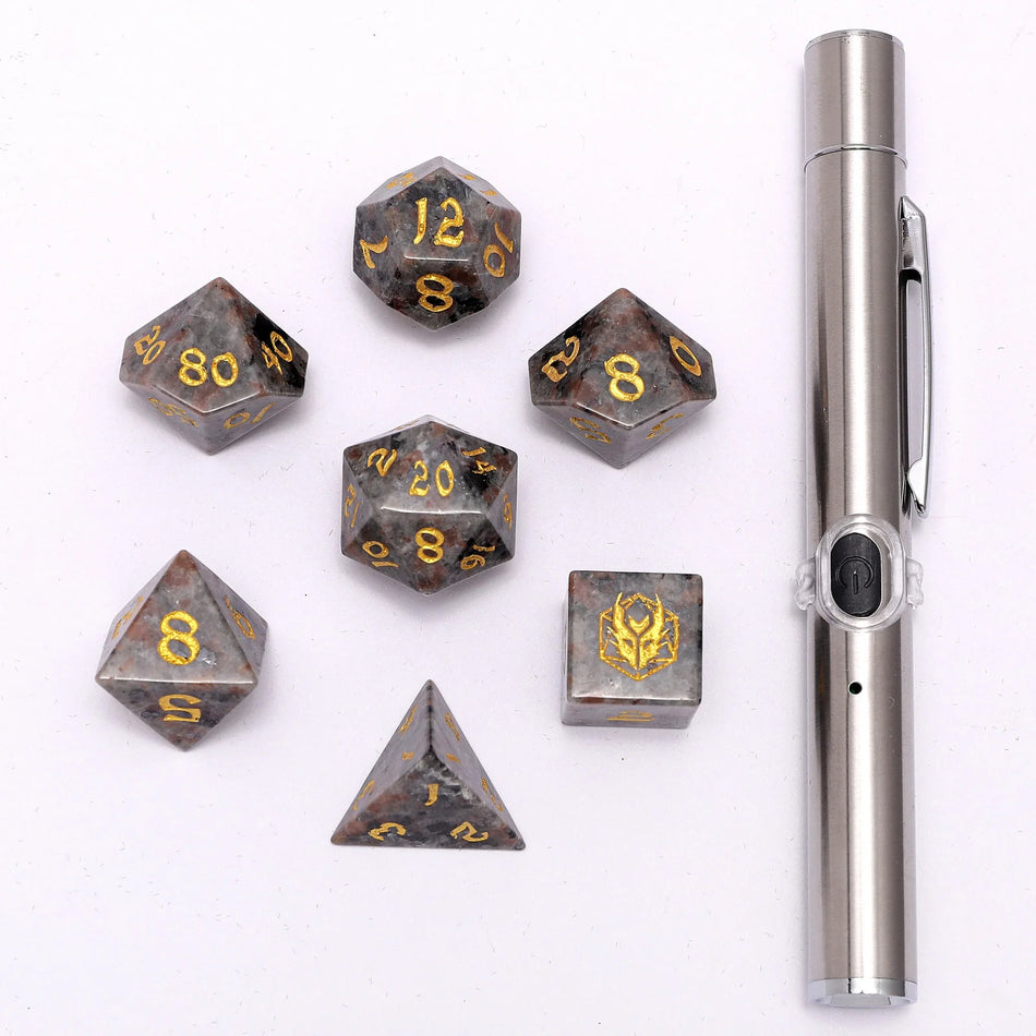 Dragon's Hoard Gem Stone Polyhedral Dice Set - Yooperlite UV Light Reactive Dice Hymgho
