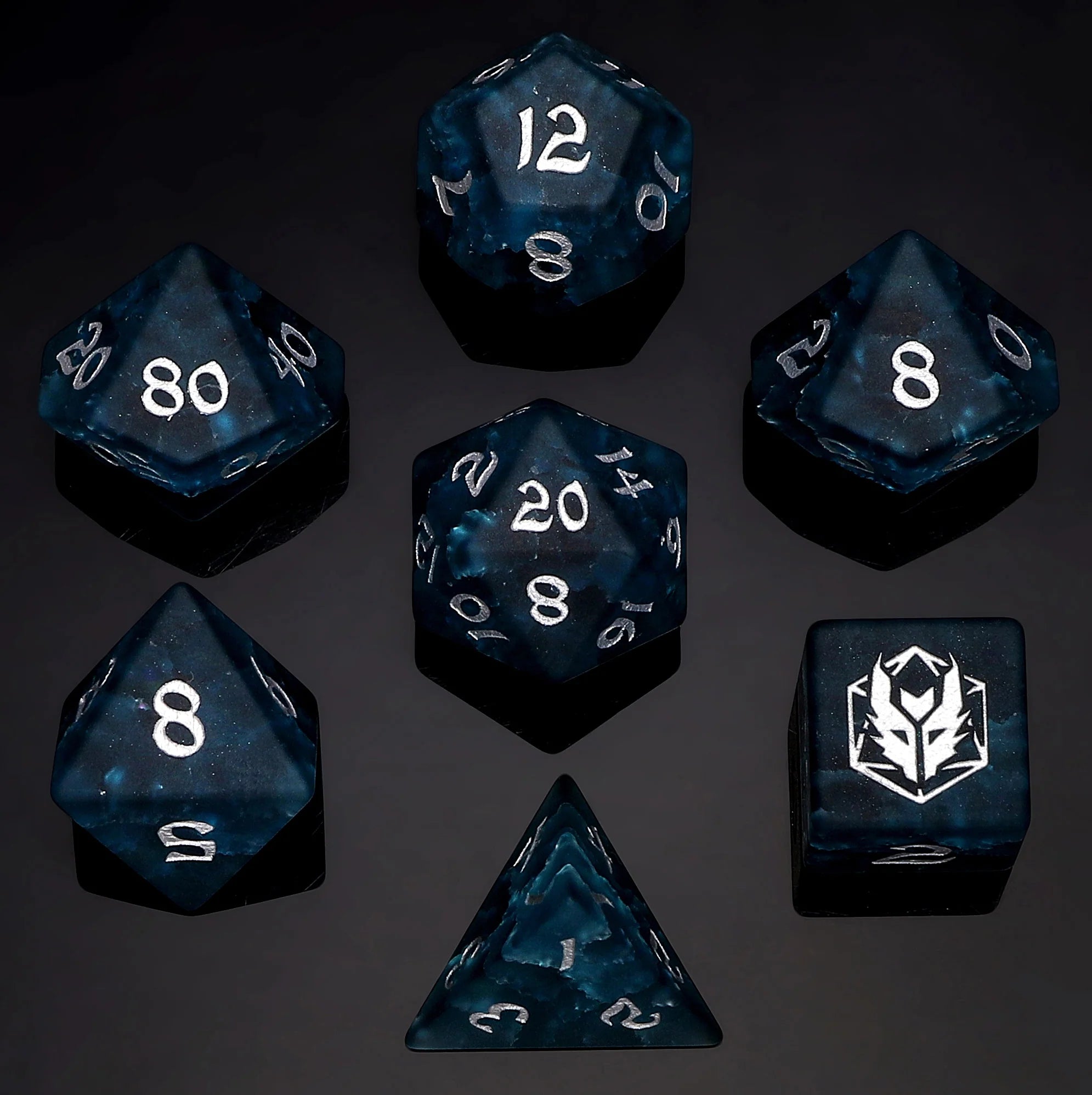 Dragon's Hoard Gem Stone Polyhedral Dice Set - Blasted Glass Frosted Dark Blue Dice Hymgho