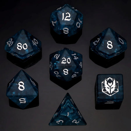 Dragon's Hoard Gem Stone Polyhedral Dice Set - Blasted Glass Frosted Dark Blue Dice Hymgho