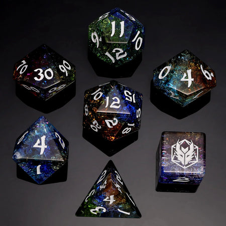 Dragon's Hoard Gem Stone Polyhedral Dice Set - Blasted Glass Prismatic Dice Hymgho