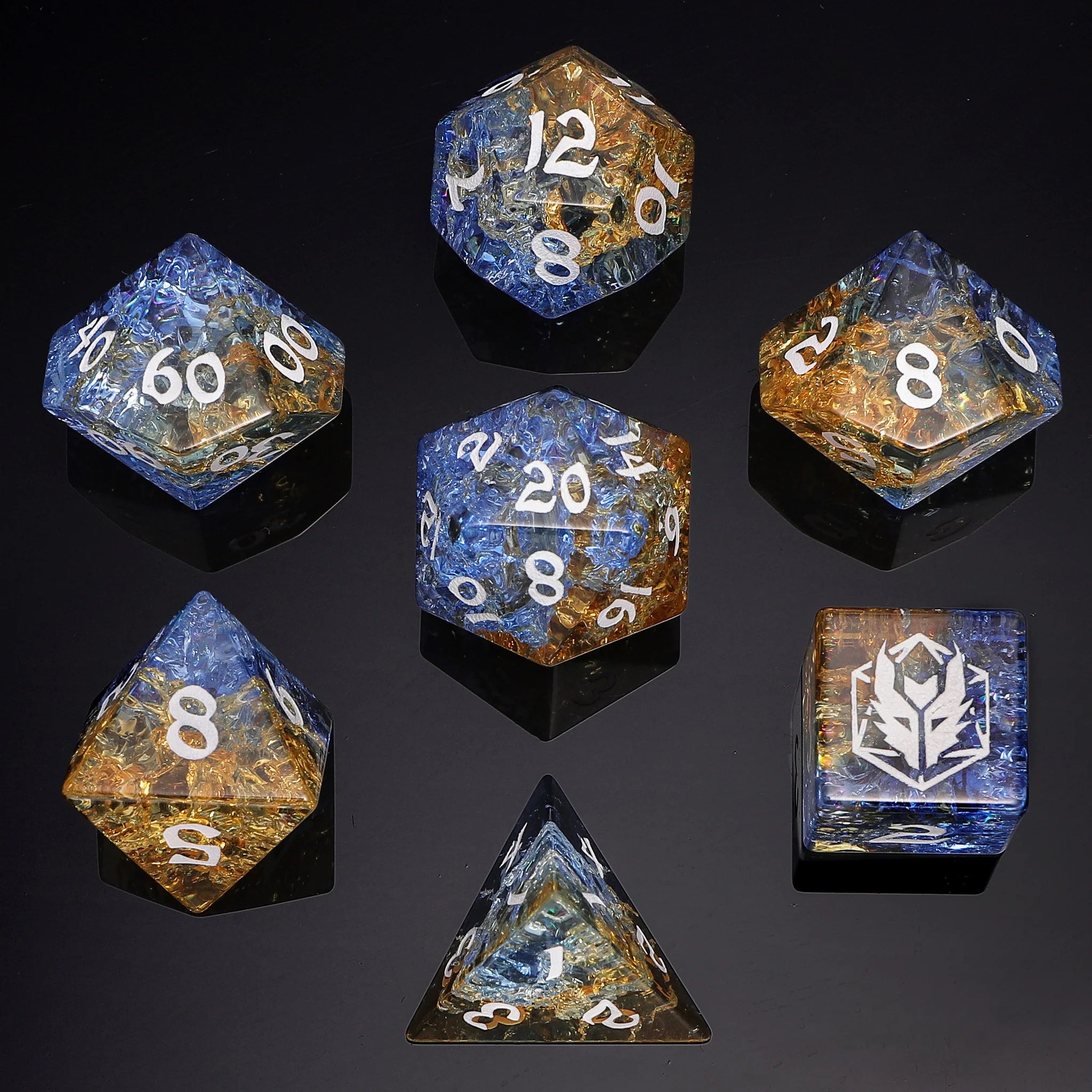 Dragon's Hoard Gem Stone Polyhedral Dice Set - Blasted Glass Blue & Yellow Dice Hymgho