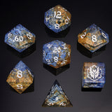 Dragon's Hoard Gem Stone Polyhedral Dice Set - Blasted Glass Blue & Yellow Dice Hymgho