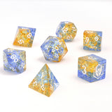 Dragon's Hoard Gem Stone Polyhedral Dice Set - Blasted Glass Blue & Yellow Dice Hymgho