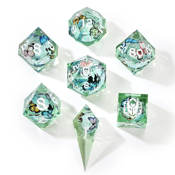 Captured Magic Hand Sanded Sharp Edge Resin - Liquid Core Dice Set - Butterfly Kaleidescope Dice Hymgho