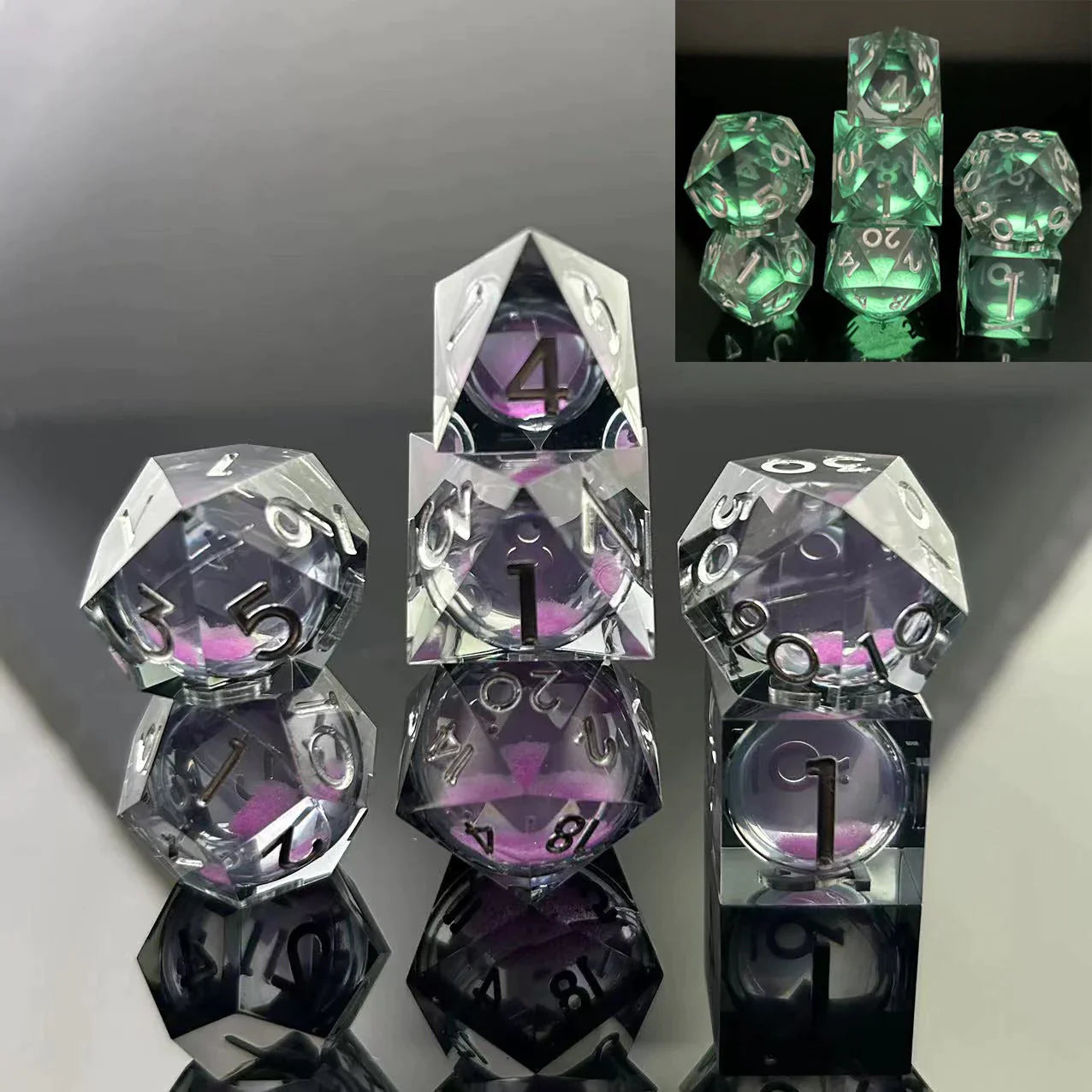 Sharp Edge Glow in the Dark Liquid Core RPG Dice Set - Violet Glimmer Dice Foam Brain Games   