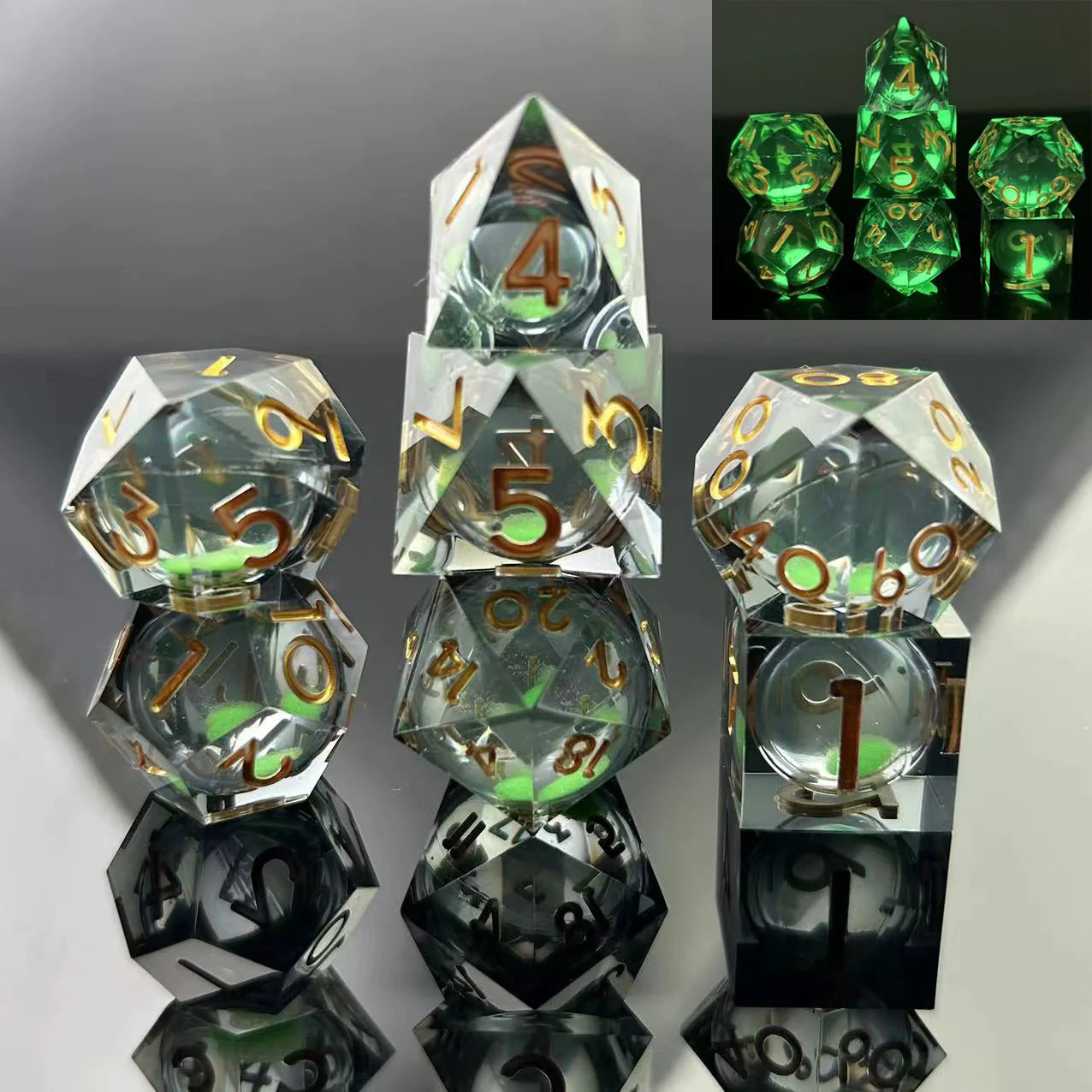 Sharp Edge Glow in the Dark Liquid Core RPG Dice Set - Green Mist Dice Foam Brain Games   