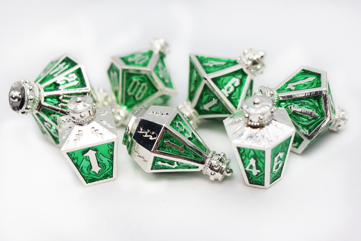 Moonlit Lantern: Silvered Acidfire - Metal RPG Dice Set Dice Foam Brain Games   