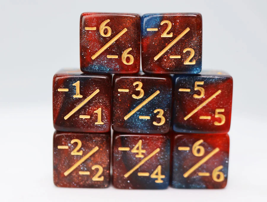 Red Blue Glitter -1/-1 Counters Set of 8 Dice Foam Brain Games