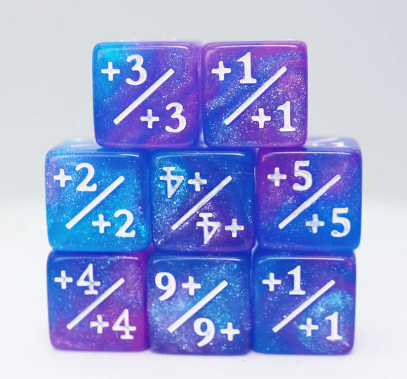 Blue & Purple Glitter +1/+1 Counters Set of 8 Dice Foam Brain Games