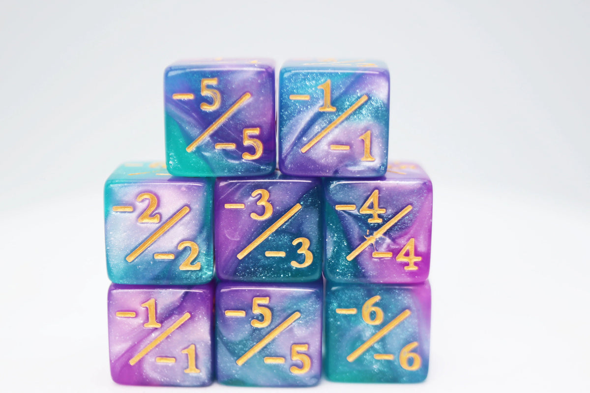 Light Blue & Purple Glitter -1/-1 Counters Set of 8 Dice Foam Brain Games