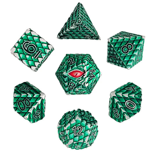 Dragon's Gaze Silver Green Metal RPG Dice Set Dice Forged Dice Co Dragon's Gaze Silver Green Metal